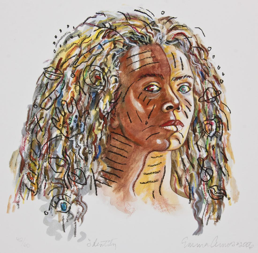 Emma Amos (American, b. 1938) "Identity", 2006: Emma Amos (American, b. 1938) "Identity", 2006, digital print with hand lithography, from an edition of 60, signed, dated and titled. Size: 12" x 12", 30 x 30 cm (sheet).