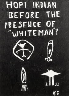 Ken Grimes (20th c.) "Hopi Indian Before The Presence: Ken Grimes (American, 20th c.) "Hopi Indian Before The Presence of 'White man'?", painting on canvas. Provenance: Margaret Bodell Gallery. Size: 30'' x 21.75'', 76 x 55 cm (stretcher).