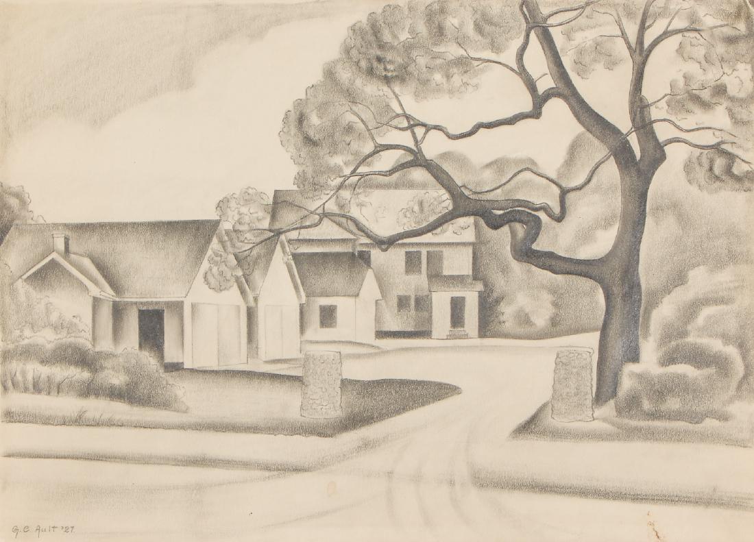 George Copeland Ault (1891-1948) Pencil Drawing: George Copeland Ault (American, 1891-1948) Suburban Landscape, pencil drawing on paper, signed and dated. Size: 10'' x 14'', 25 x 36 cm (sheet); 12'' x 16'', 30 x 41 cm (backing board). Provenance: Al