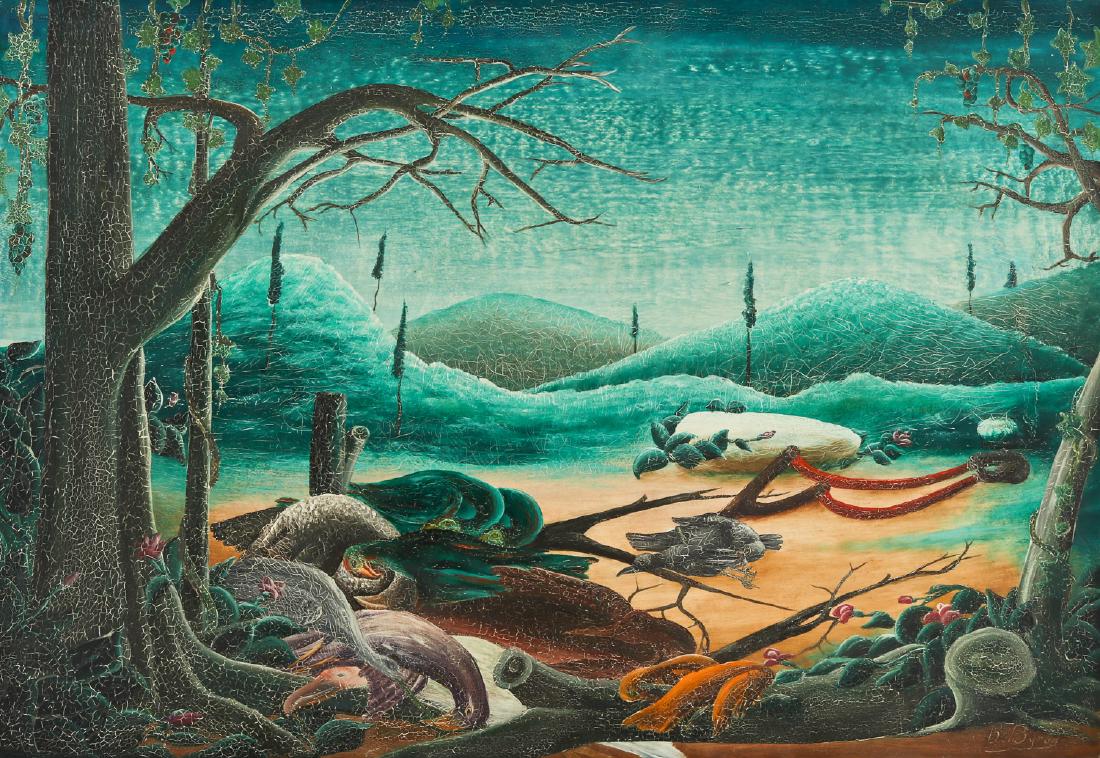 Bourmond Byron (Haitian/Jacmel, 1920-2004) The Bird: Bourmond Byron (Haitian/Jacmel, 1920-2004) The Bird Hunters Catch, painting on masonite, signed. Framed. Size: 24.5'' x 35.5'', 62 x 90 cm (board); 26.25'' x 37.5'', 67 x 95 cm (frame). Ex. Jonathan D