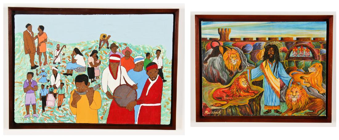 Two Works by Jamaican Artists: Evadney Cruickshank and: Two Works by Jamaican Artists: 1) Evadney Cruickshank (Jamaican, 20th c.) Poco Mania Band-Country Funeral Procession, dated 2008, oil on masonite, framed, 17" x 24". Ex. Jonathan Demme Collection; 2) 
