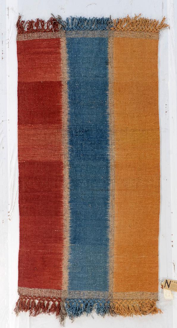 Nambu Natural Dye Ikat Kilim, Nepal: 3'4'' x 6'4'': Nambu Natural Dye Ikat Kilim, Nepal: hand-woven kilim, hand-spun wool, natural dyes. Size: 3'4'' x 6'4''. PLEASE NOTE: THIS IS A NO HIDDEN RESERVE AUCTION, ALL ACCEPTABLE BIDDING WILL COMMENCE AT THE 