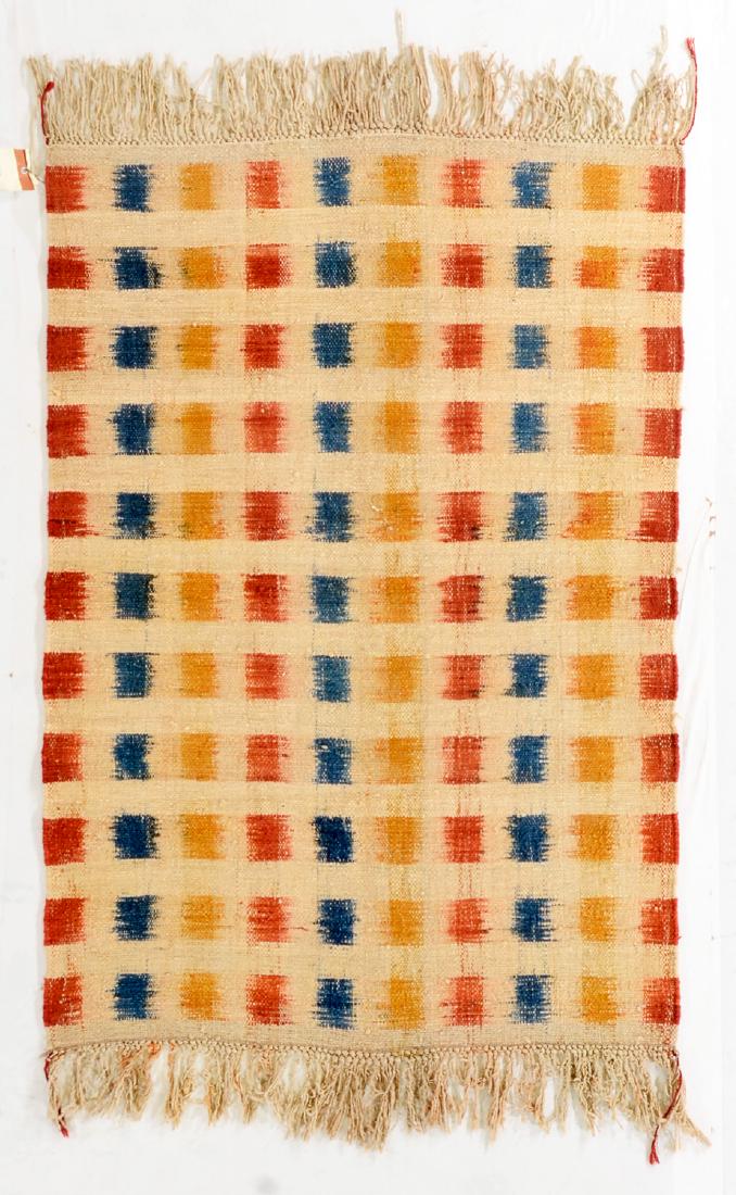 Nambu Natural Dye Ikat Kilim, Nepal: 3'4'' x 4'10'': Nambu Natural Dye Ikat Kilim, Nepal: hand-woven kilim, hand-spun wool, natural dyes. Size: 3'4'' x 4'10''. PLEASE NOTE: THIS IS A NO HIDDEN RESERVE AUCTION, ALL ACCEPTABLE BIDDING WILL COMMENCE AT THE