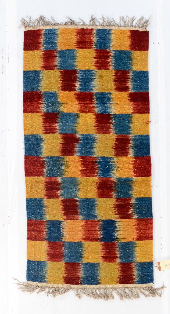 Nambu Natural Dye Ikat Kilim, Nepal: 3'2'' x 6'7'': Nambu Natural Dye Ikat Kilim, Nepal: hand-woven kilim, hand-spun wool, natural dyes. Size: 3'2'' x 6'7''. PLEASE NOTE: THIS IS A NO HIDDEN RESERVE AUCTION, ALL ACCEPTABLE BIDDING WILL COMMENCE AT THE 