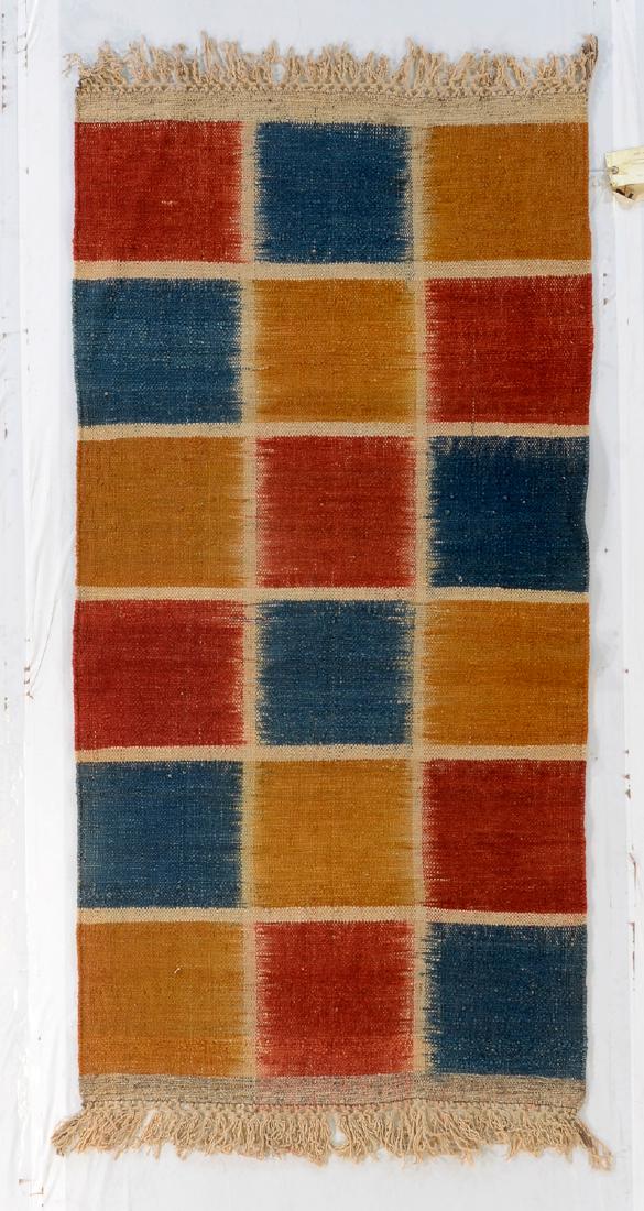 Nambu Natural Dye Ikat Kilim, Nepal: 3'4'' x 6'6'': Nambu Natural Dye Ikat Kilim, Nepal: hand-woven kilim, hand-spun wool, natural dyes. Size: 3'4'' x 6'6''. PLEASE NOTE: THIS IS A NO HIDDEN RESERVE AUCTION, ALL ACCEPTABLE BIDDING WILL COMMENCE AT THE 