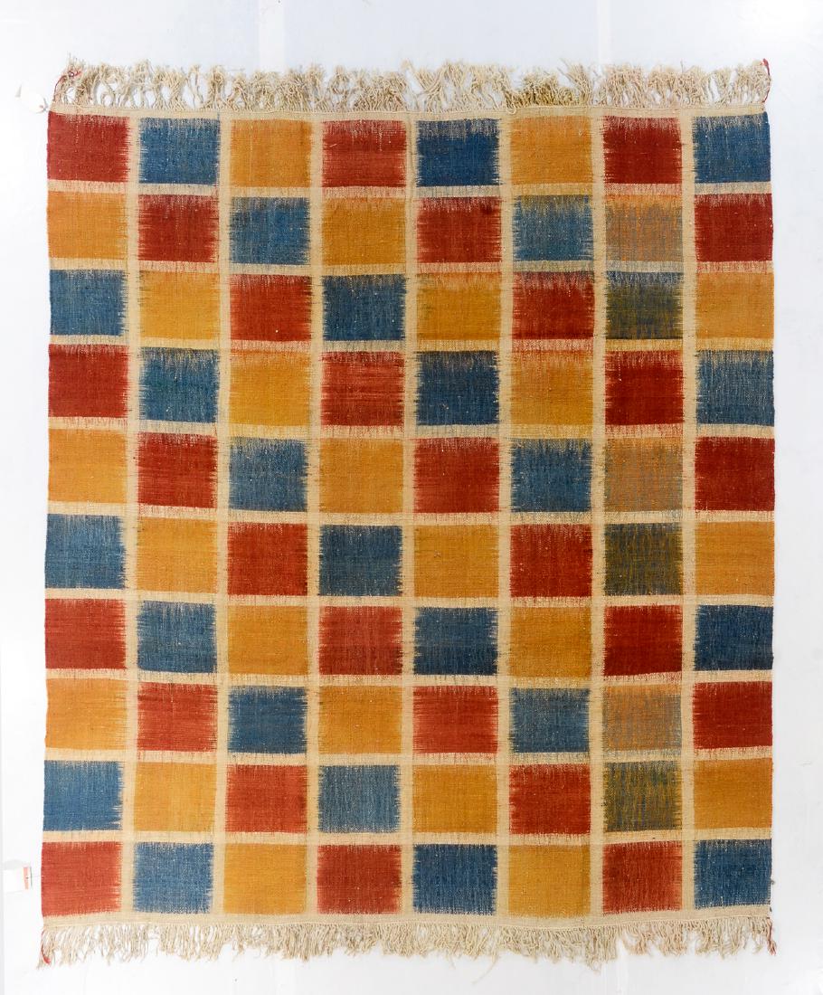 Nambu Natural Dye Ikat Kilim, Nepal: 8'4'' x 9'2'': Nambu Natural Dye Ikat Kilim, Nepal: hand-woven kilim, hand-spun wool, natural dyes. Size: 8'4'' x 9'2''. PLEASE NOTE: THIS IS A NO HIDDEN RESERVE AUCTION, ALL ACCEPTABLE BIDDING WILL COMMENCE AT THE 