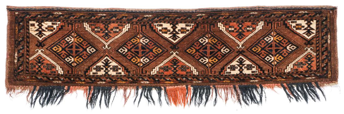 Antique Turkmen Chuval Rug: 4'9'' x 1'2'': Antique Turkmen Chuval Rug: 4'9'' x 1'2'' (145 x 36 cm).