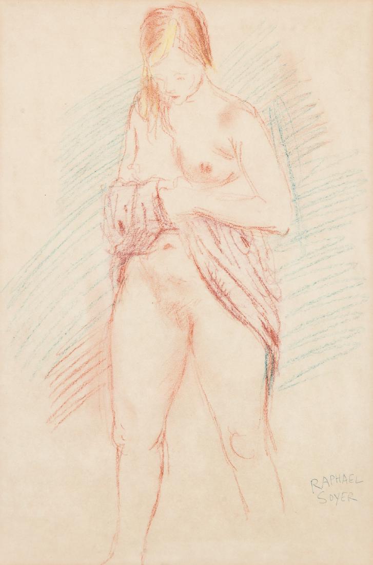 Raphael Soyer (1899-1987) Standing Nude: Raphael Soyer (American, 1899-1987) Standing Nude, drawing on paper, signed. Framed. Size: 15'' x 10'', 38 x 25 cm (sight); 23'' x 17'', 58 x 43 cm (frame). Provenance: ex: Ella Jaffe Freidus collecti
