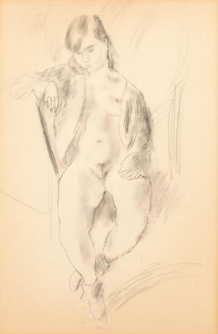 Jules Pascin (1885-1930) "Nude" Drawing: Jules Pascin (French, 1885-1930) "Nude", charcoal and wash drawing, signed. Framed. Size: 27'' x 18'', 69 x 46 cm (image); 37'' x 28'', 94 x 71 cm (frame). Exhibition and Literature (Catalog #35): The
