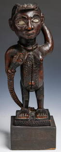 Kongo "N'kisi" Magic Fetish, Congo, 19th/early 20th c.: Kongo "N'kisi" Magic Fetish, Democratic Republic of Congo, Africa. Carved wooden female effigy shown with snake to breast, raised scarrification, inset glass eyes (female and snake). Well handled pati