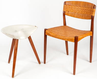 Vintage Modern Chair and Stool: Vintage Modern Danish Side Chair by Willy Beck along with an unmarked modern design stool. Largest: 30'' x 19.5'' x 18'' (76 x 50 x 46 cm).