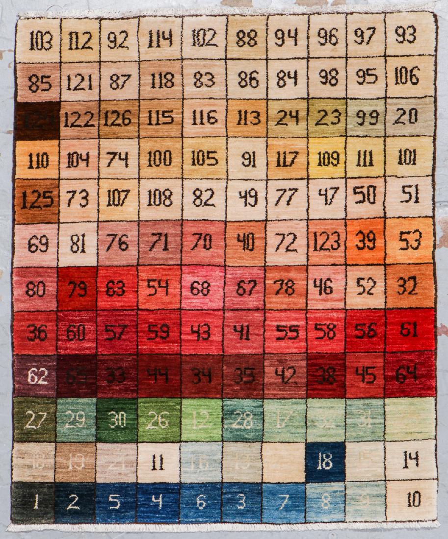 Modern Natural Dye Sampler Rug: 3'4'' x 4'1'': Modern Natural Dye Sampler Rug, hand-knotted with naturally dyed hand-spun wool, colors individually numbered: 3'4'' x 4'1'' (102 x 124 cm). 11 lbs.The Michaelian & Kohlberg Final Rug Liquidation Auct