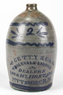 GETTY & CO. 2 GALLON STONEWARE JUG: GETTY & CO. 2 GALLON STONEWARE JUG / PITTSBURGH, PA. Stenciled Stoneware Liquor Advertising Jug. With cobalt blue geometric and stenciled type motif; salt glaze. Getty & Co.,Wholesale Liquor