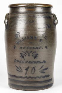 10 GALLON WILLIAMS & REPPERTSTONEWARE JUG: 10 GALLON WILLIAMS & REPPERT GREENSBORO .PA STONEWARE JUG. Size: 21.25''H x 14.25''Diameter (54 x 36 cm).