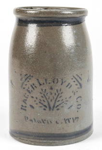 RAGER, LLOYD & CO. STONEWARE JAR: RAGER, LLOYD & CO. STONEWARE JAR, Palantine, W. VA. With gray tree branch and stencil type motifs; salt glaze. Size: 8.5'' H x 6'' Diameter (22 x 15 cm).