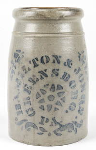 HAMILTON & JONES GREENSBORO PA, STONEWARE JAR: HAMILTON & JONES GREENSBORO PA, STONEWARE JAR. With cobalt blue stencil type and geometric shapes motif; salt glaze. Size: 8.25'' H x 5.25'' Diameter (21 x 13 cm).