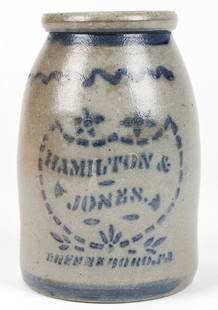 HAMILTON & JONES GREENSBORO PA, STONEWARE JAR.: HAMILTON & JONES GREENSBORO PA, STONEWARE JAR. With cobalt blue geometric and stencil type motif; salt glaze. Size: 10'' H x 6.5'' Diameter (25 x 17 cm).