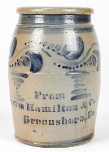 FROM JAMES HAMILTON & CO. GREENSBORO, PA, STONEWARE JAR: FROM JAMES HAMILTON & CO. GREENSBORO, PA, STONEWARE JAR. With cobalt blue geometric and stencil type motif; salt glaze. Size: 9.75'' H x 6.5'' Diameter (25 x 17 cm).