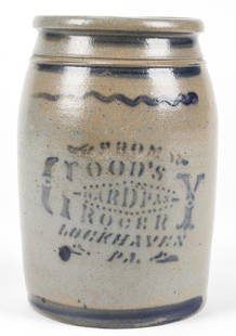 FROM TODD'S HARDPAN CROCKERY LOCKERHAVEN PA, STONEWARE: FROM TODD'S HARDPAN CROCKERY LOCKERHAVEN PA, STONEWARE JAR. With gray geometric and stencil type motif; salt glaze. Size: 9.75'' H x 6.25'' D (25 x 16 cm).