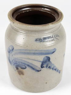 SIPE, NICHOLS & CO. STONEWARE JAR.: SIPE, NICHOLS & CO. STONEWARE JAR. With cobalt blue flower motif; salt glaze. Sipe, Nichols & Co. Williamsport, Pa. Size: 8.75''H x 7''Diameter (22 x 18 cm).