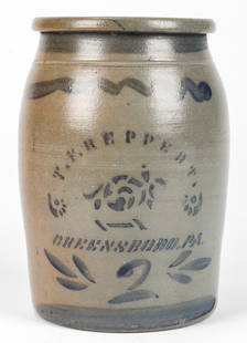 2 GALLON T.F. REPPERT GREENSBORO PA, STONEWARE JAR: 2 GALLON T.F. REPPERT GREENSBORO PA, STONEWARE JAR. With gray leaf and stencil type motif; salt glaze. Size: 11.75'' H x 7.75'' Diameter (30 x 20 cm).