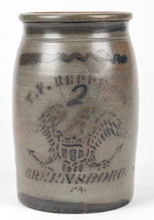 2 GALLON T.V. REPPERT GREENSBORO PA. STONEWARE JAR: 2 GALLON T.V. REPPERT GREENSBORO PA. STONEWARE JAR. With gray American Eagle and stencil type motif; salt glaze. Size: 12.5''H x 7.5''D (32 x 19 cm).