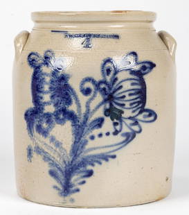 4 GALLON N. WHITE & CO. BINGHAMTON, STONEWARE JAR: 4 GALLON N. WHITE & CO. BINGHAMTON, STONEWARE JAR. With cobalt blue flower motif; salt glaze. Size: 11.5''H x 11''Diameter (29 x 28 cm).