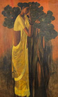 B. Prabha (1933-2001) Painting of a Standing Woman: B. Prabha (Indian, 1933-2001) Untitled (Standing Woman), 1972, oil painting on canvas,Signed and dated in Devanagari. Provenance: Sotheby's New York: March 24, 2010 (Lot 159). Size: 31'' x 50'', 79 x