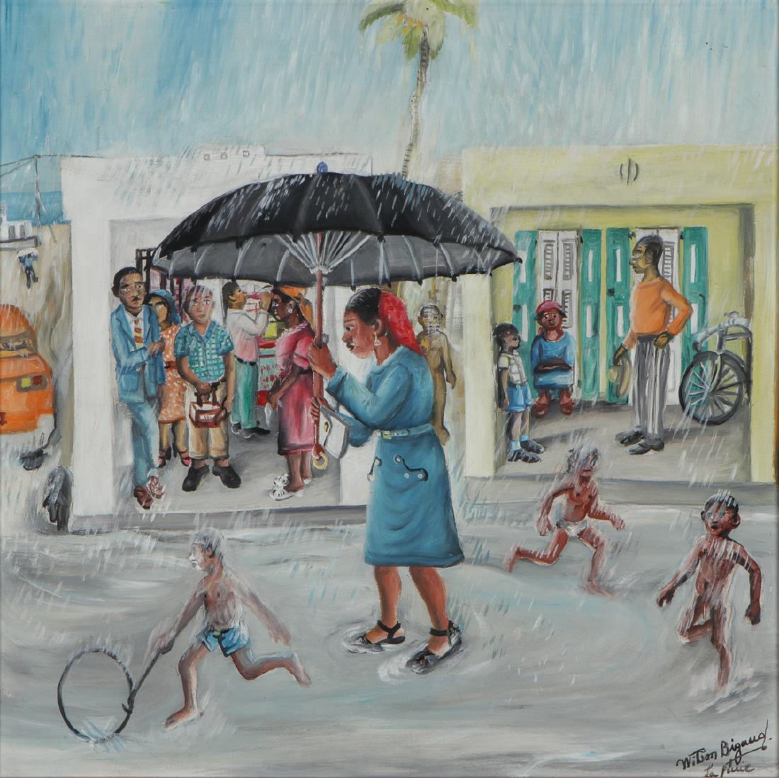 Wilson Bigaud (Haitian/Port-au-Prince, 1931-2010): Wilson Bigaud (Haitian/Port-au-Prince, 1931-2010) Oil Painting on Board, signed. Framed. Size: 23.5'' x 23.75'', 60 x 60 cm (sight); 24.75'' x 25'', 63 x 64 cm (frame).