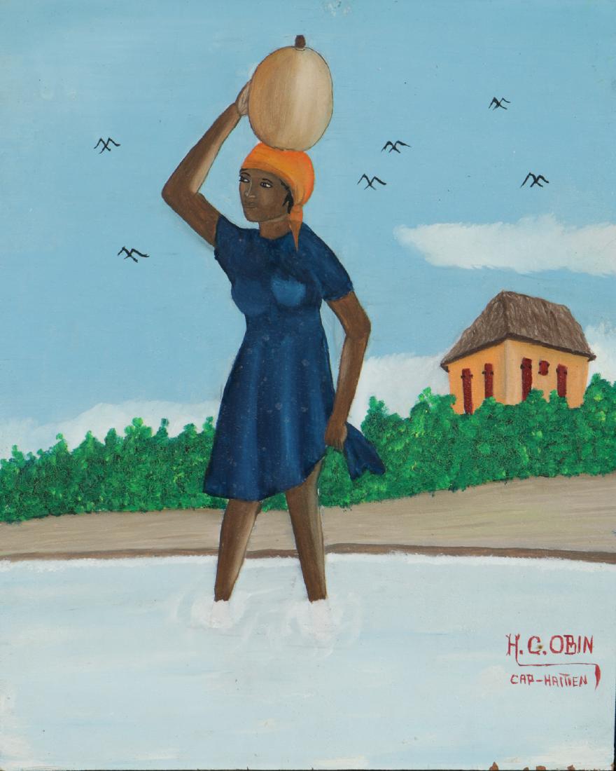 Henri-Claude Obin (Haitian/Cap-Haitien, 1949-2000): Henri-Claude Obin (Haitian/Cap-Haitien, 1949-2000) Oil Painting on Board. Size: 10'' x 8'', 25 x 20 cm (board); 11'' x 9'', 28 x 23 cm (frame).
