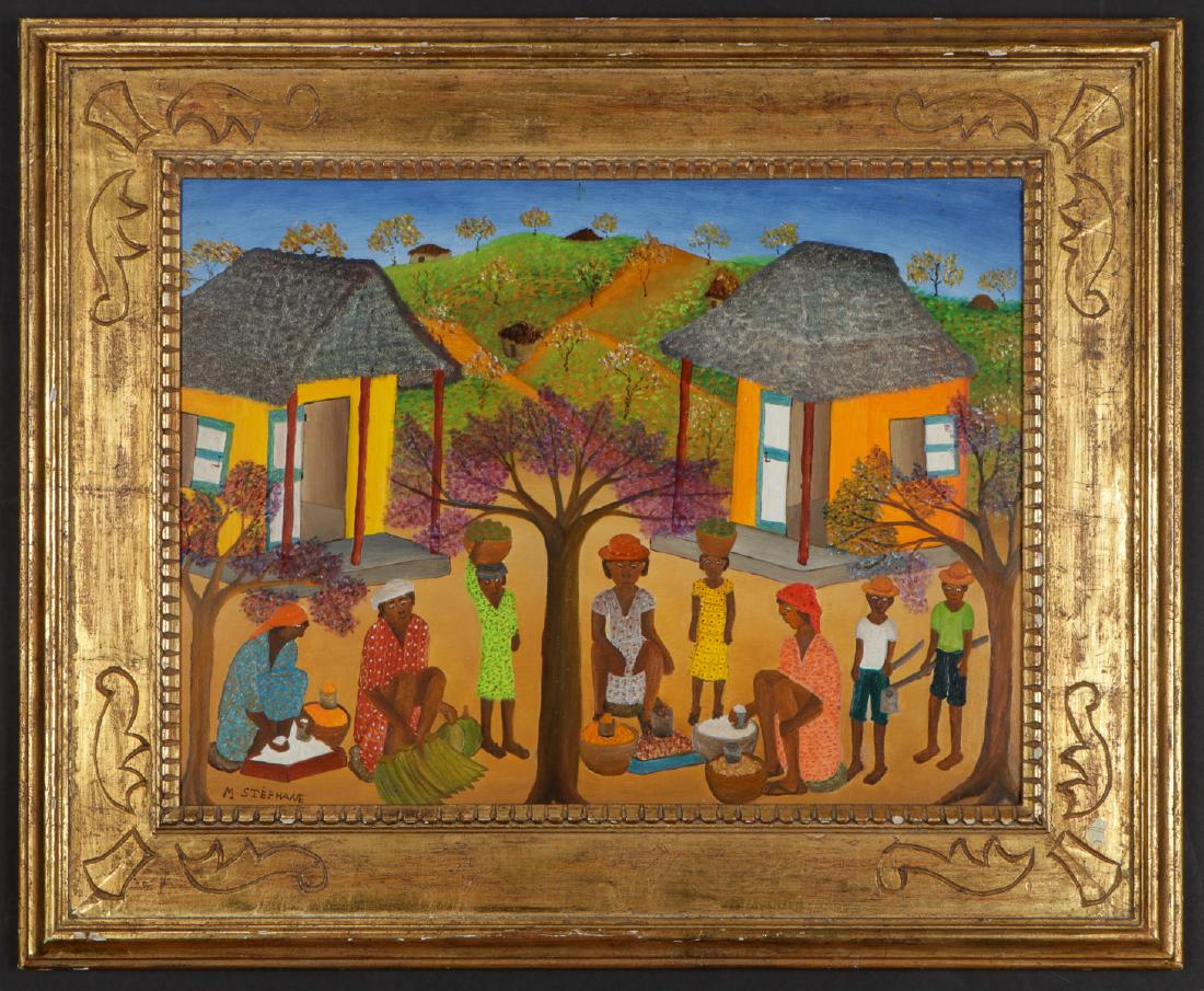 Micius Stephane (Haitian/Bainet, 1912-1996) Painting: Micius Stephane (Haitian/Bainet, 1912-1996) Oil Painting on Board, signed. Framed. Size: 17.25'' x 23.25'', 44 x 59 cm (sight); 26.75'' x 32.75'', 68 x 83 cm (frame).