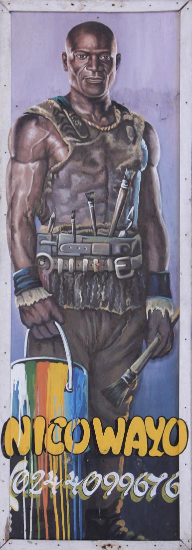 Nicholas Wayo (Ghanaian, 20th c.): Nicholas Wayo (Ghanaian, 20th c.) Hand Painted Advertising Sign, Oil on board. Size: 72" x 24" (183 x 61 cm).