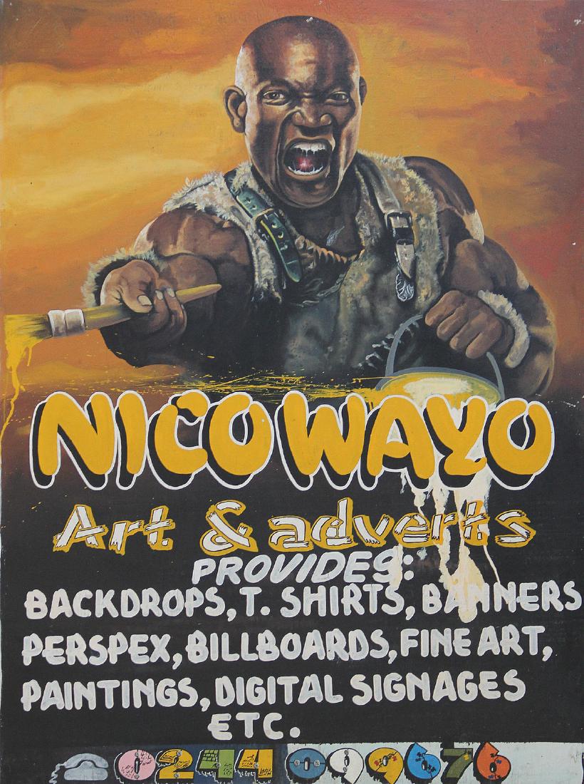 Nicholas Wayo (Ghanaian, 20th c.): Nicholas Wayo (Ghanaian, 20th c.) Hand Painted Advertising Sign. Oil on board. Size: 66" x 47.5" (168 x 121 cm).
