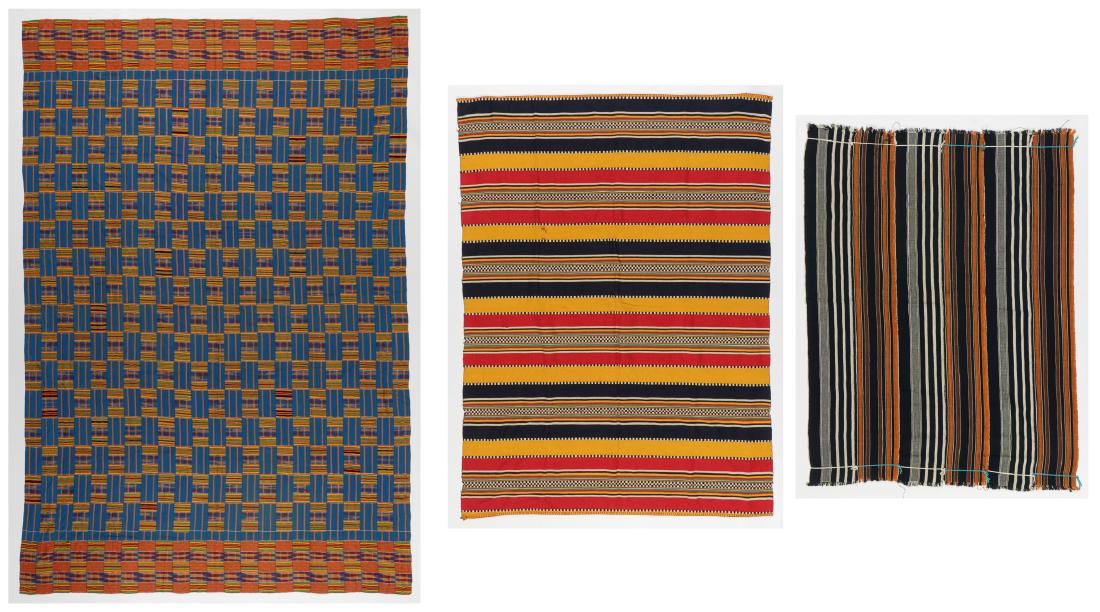 Large Old Blue Kente Cloth & 2 Striped African Textiles: 3 Textiles: A Large Old Blue Kente Cloth, Ghana: 127" x 85", mid 20th c. And 2 vintage striped African textiles, largest of the two: 82" x 61". Philadelphia estate.