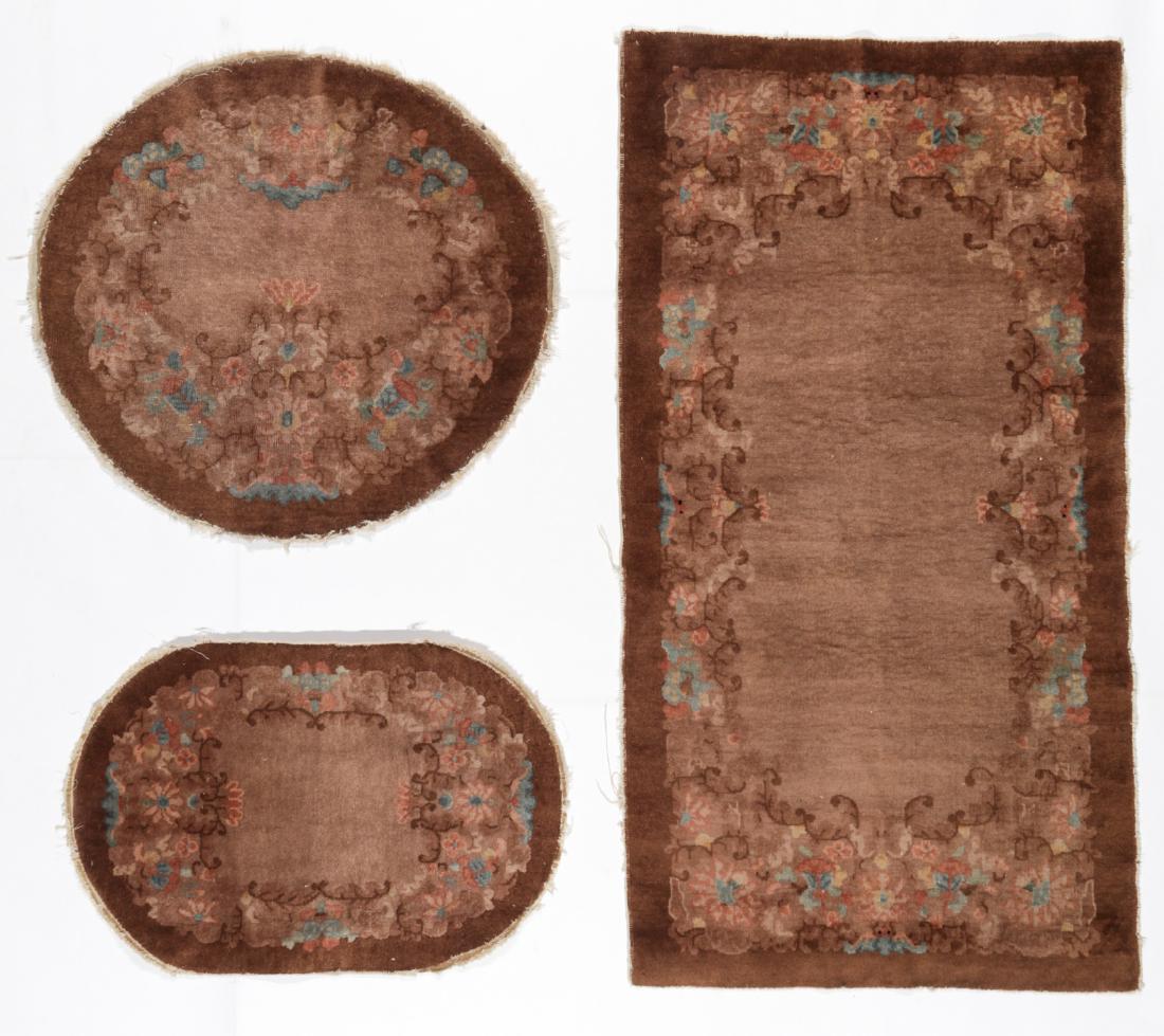 3 Art Deco Rugs, China, Early 20th C: 3 Art Deco Rugs, China, Early 20th C. Largest: 3'2'' x 5'10'' (97 x 178 cm). Smallest: 2'0" x 3'0" (61 x 91 cm). 17 lbs total.