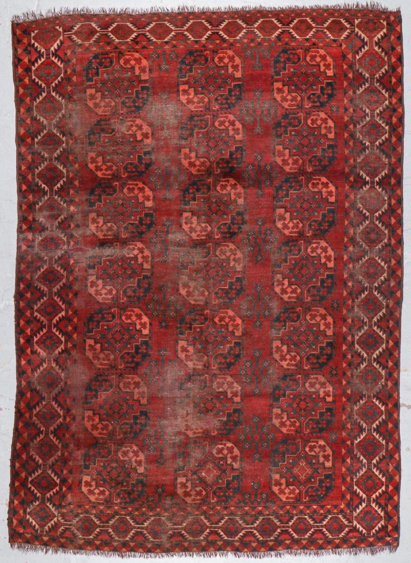 Antique Afghan Ersari Main Rug: 6'3'' x 8'9'': Antique Afghan Ersari Main Rug, wool, late 19th c: 6'3'' x 8'9'' (191 x 267 cm). 16 lbs. Extensive wear.