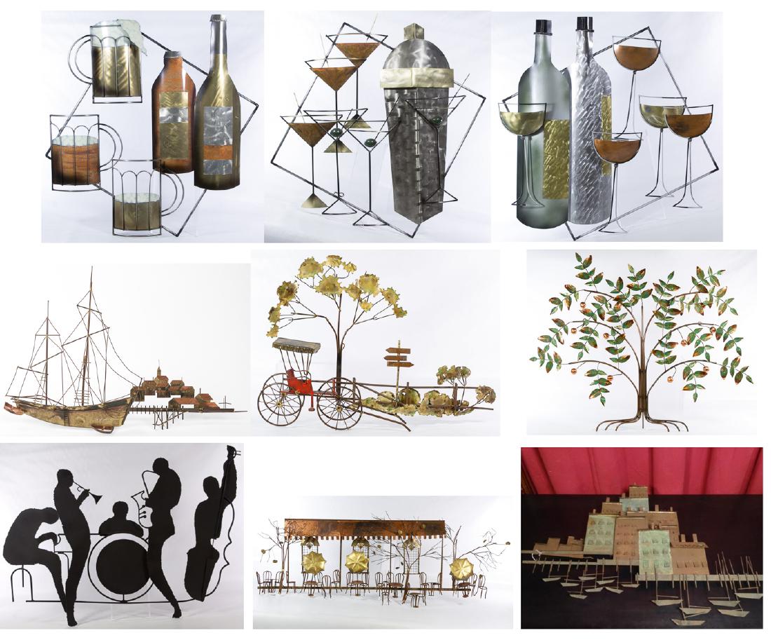 Estate Collection of 9 Curtis Jere Metal Art Sculptures: Estate Collection of 9 Curtis Jere Metal Art Sculptures,including seaside, jazz, cafe, nature, and cocktail themes. 1) 1991, signed lower right, depicting five jazz musicians, Height: 29.50 inches, Wi