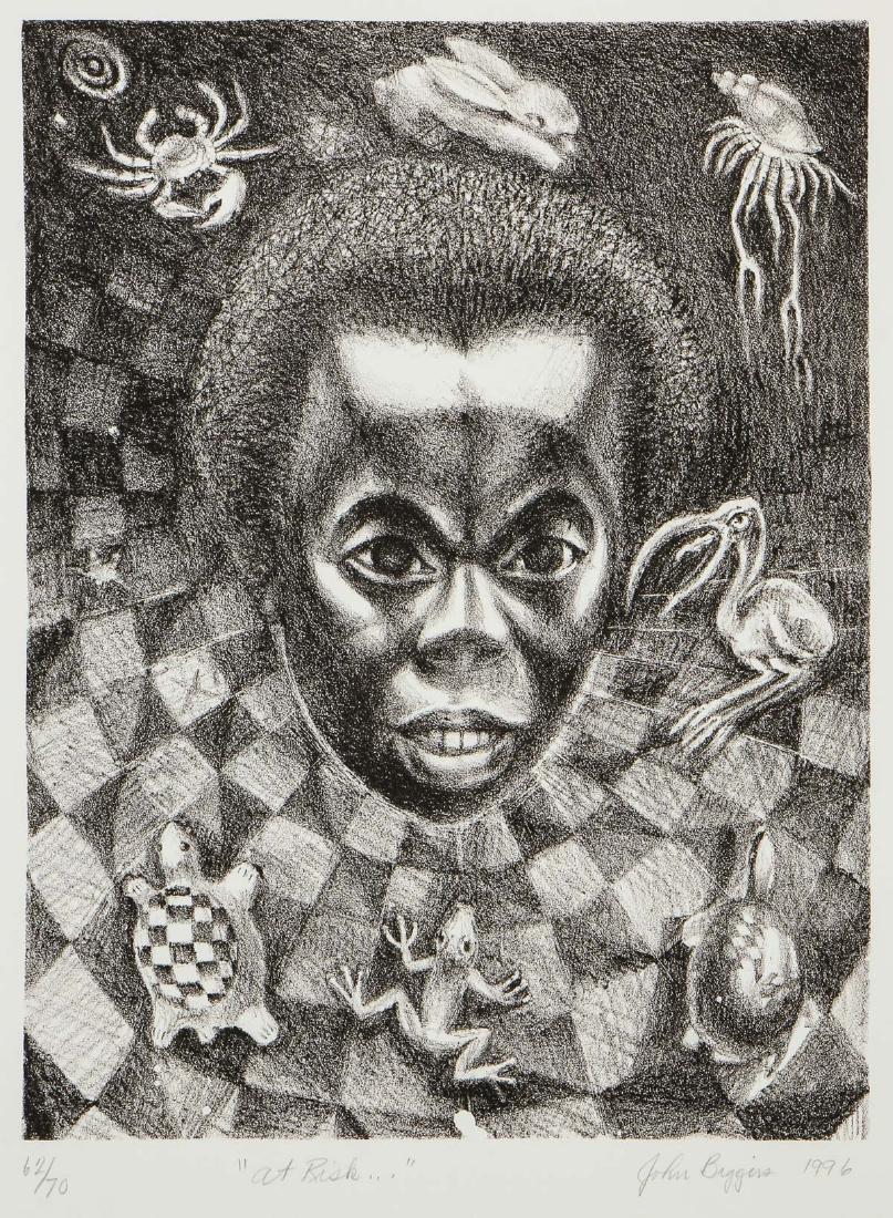 John Thomas Biggers (1924-2001) "At Risk", 1996: John Thomas Biggers (American, 1924-2001) "At Risk", 1996, lithograph on paper, titled, signed, and dated from an edition of 70. Size: 15.5'' x 11.75'', 39 x 30 cm (image); 30'' x 22.5'', 76 x 57 cm (