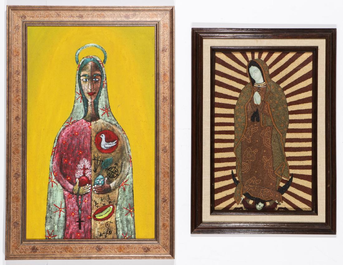 2 Original Works Depicting Our Lady of Guadalupe: 2 Original Works Depicting Our Lady of Guadalupe, a Cuban and Mexican example. Sizes: 1) 32'' x 19'', 81 x 48 cm (sight); 38'' x 25'', 97 x 64 cm (frame); 2) 23'' x 14'', 58 x 36 cm (sight); 31'' x 21