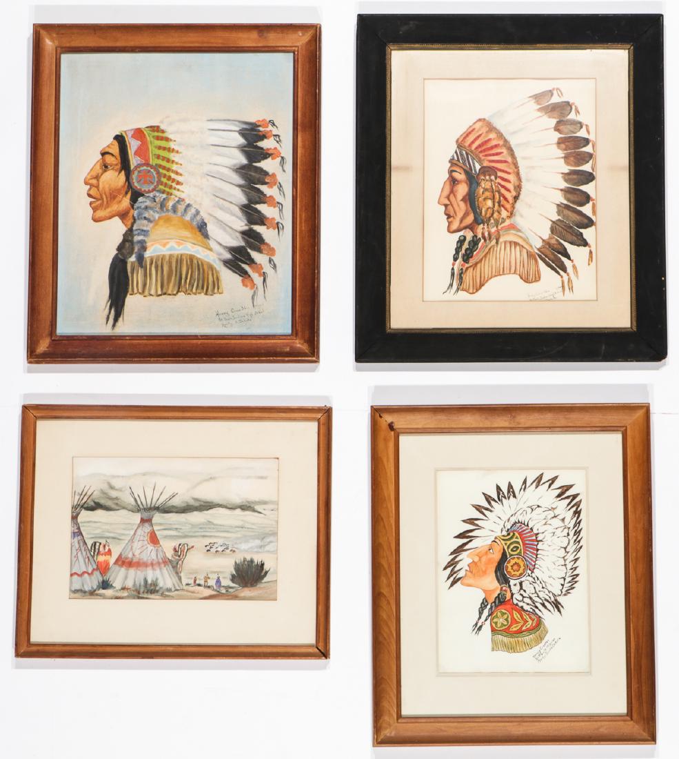 Henry Crow Skin (Sioux) Four Mixed Media Paintings, Ca. (1 of 8)