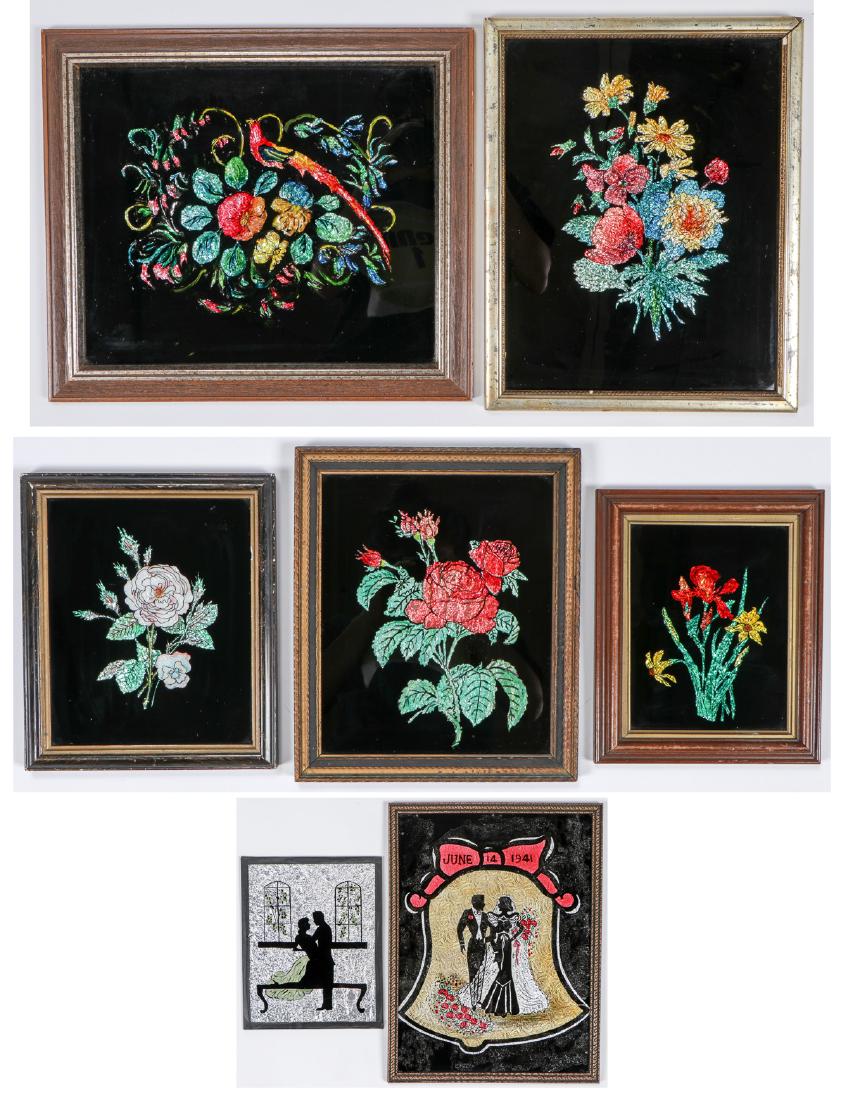 7 American Reverse Painted Glass Tinsel Paintings (1 of 7)