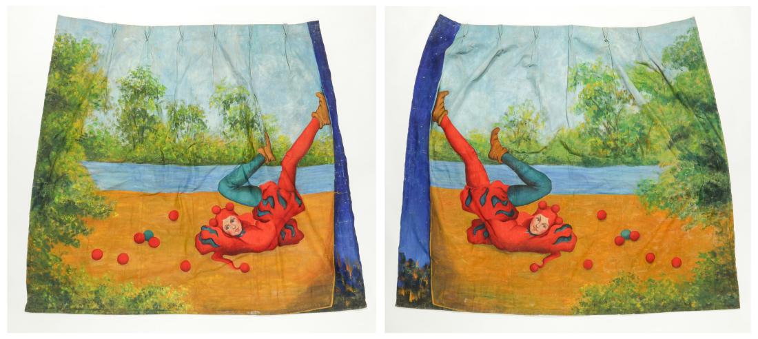 Pair of Large Old Carnival Acrobat Curtains, Painted: Pair of Large Old Carnival Acrobat Curtains, Painted Canvas. Early/Mid 20th c. Size of each: 71'' x 49'' (180 x 124 cm).