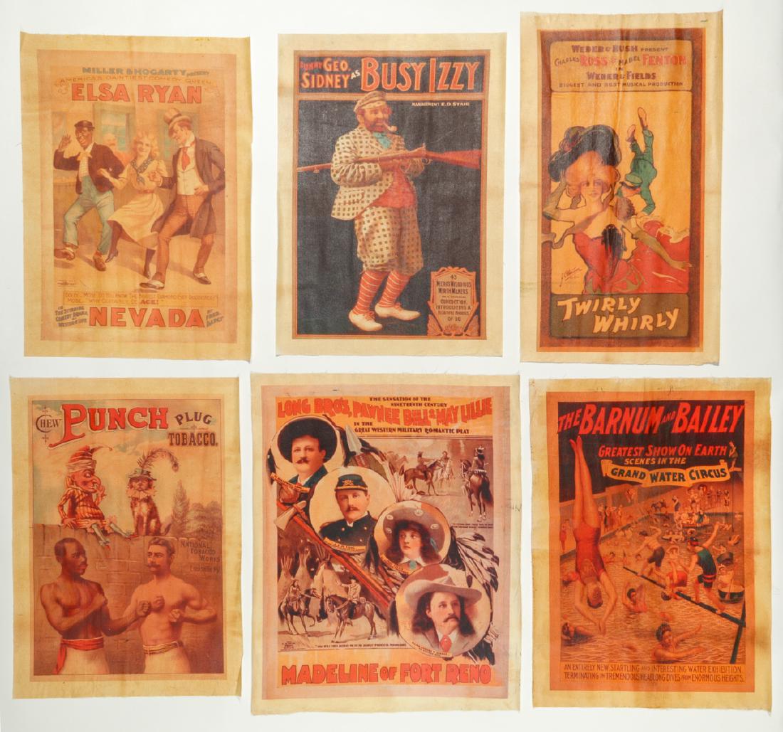 6 Vintage Oil Cloth Advertising Posters: 6 Vintage Oil Cloth Advertising Posters, including Barnum and Bailey, Madeline of Fort Reno, Chew Punch Plug Tobacco, Busy Izzy, Twirly Whirly, Elsa Ryan. Largest: 34.5'' x 42.75'' (88 x 109 cm).