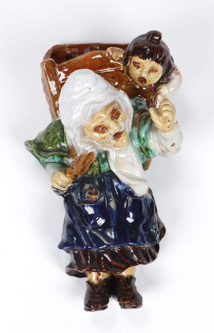 French Faince Pottery Peasant Wall Pocket, Stamped: French Faince Pottery Peasant Wall Pocket, Stamped Bavent. Size: 15'' x 8'' x 9'' (38 x 20 x 23 cm).