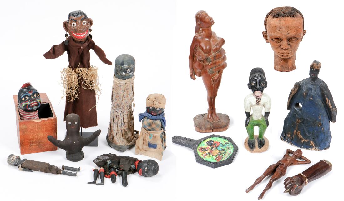 Fine Group of 14 Black Americana Collectibles: Fine Group of 14 Black Americana Collectibles: 1) Civil War Era Doll, straw filled. 2) Pin Cushion Doll, circa 1900-20. 3) Victorian Era German Character from Punch and Judy c. 1880. 4) Paper Mache Pu