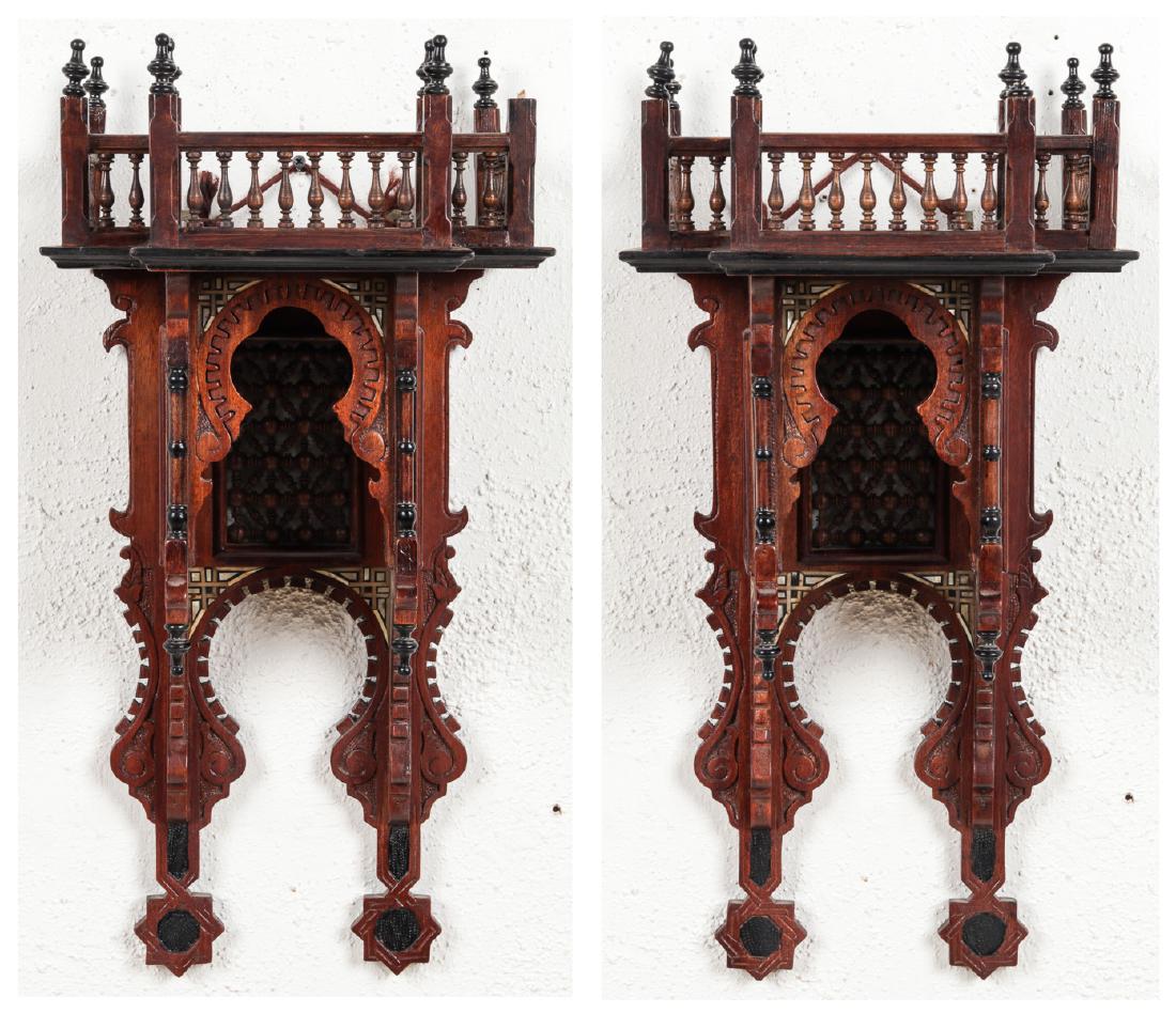 Pair of Syrian Wood and Inlay Wall Cabinets: Pair of Syrian Wood and Inlay Wall Cabinets. Size: 22'' x 11'' x 9'' (56 x 28 x 23 cm) each.