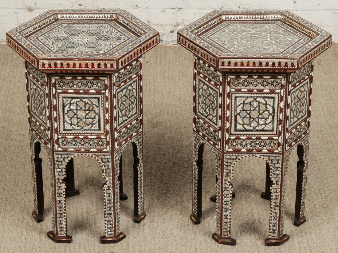 Pair of Syrian Wood and Inlay Side Tables: Pair of Syrian Wood and Inlay Side Tables. Size: 24.5'' x 15.5'' x 18'' (62 x 39 x 46 cm) each.