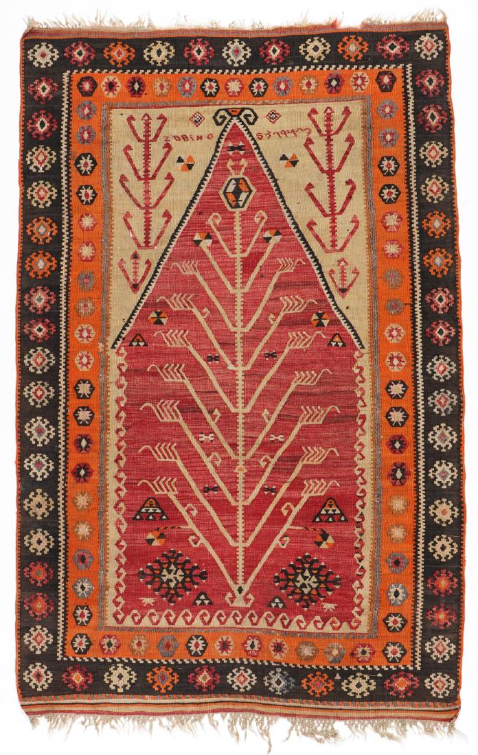 Semi-Antique Prayer Kilim: 3'9'' x 5'8'': Semi-Antique Prayer Kilim, Turkey: 3'9'' x 5'8'' (114 x 173 cm). 5 lbs.