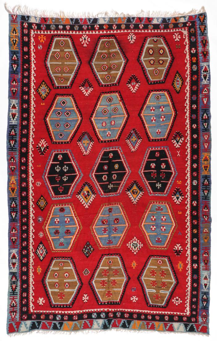 Antique Oushak Kilim: 7'4'' x 11'2'': Antique Oushak Kilim, Turkey: 7'4'' x 11'2'' (224 x 340 cm). 16 lbs.