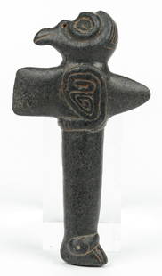 Taino Monolithic Bird Ax (1000-1500 CE): Taino Monolithic Bird Ax (1000-1500 CE). Made of basalt like stone. The relatively small size suggests it was used as a scepter used during ceremonial pageantry. A second bird head is incorporated